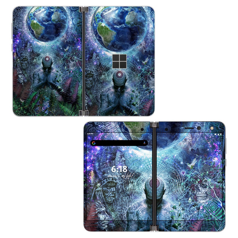 Microsoft Surface Duo Skin design of Psychedelic art, Fractal art, Art, Space, Organism, Earth, Sphere, Graphic design, Circle, Graphics, with blue, green, gray, purple, pink, black, white colors