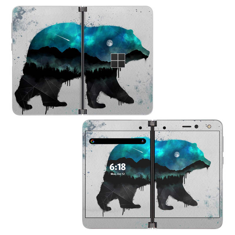 Microsoft Surface Duo Skin design of Bear, Illustration, Grizzly bear, Art, Watercolor paint, Snout, Carnivore, Graphic design, Space, Polar bear, with gray, black, white, green, blue colors