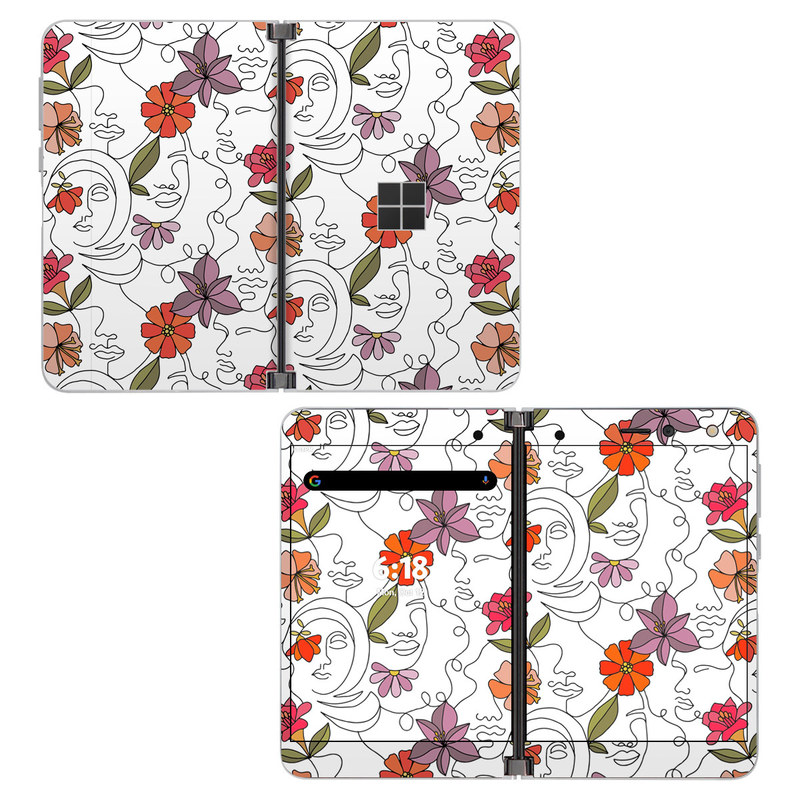 Microsoft Surface Duo Skin design of Flower, Plant, White, Product, Petal, Branch, Rectangle, Botany, Textile, Creative arts, with white, red, purple, green, orange colors