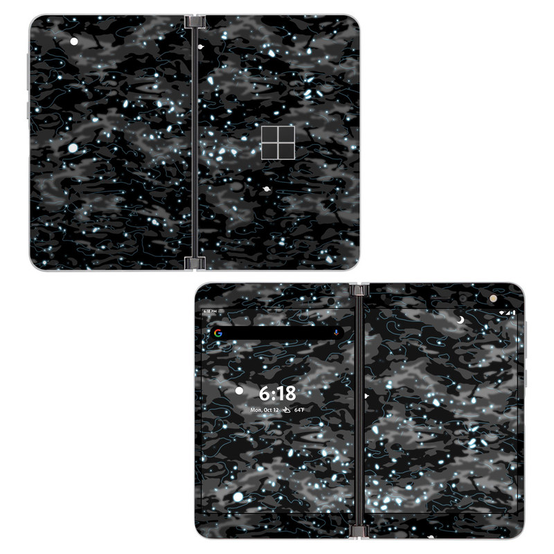 Microsoft Surface Duo Skin design of Black, Water, Space, Black-and-white, Granite, with blue, white, gray, blue colors