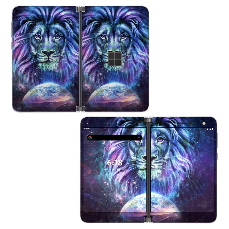 Microsoft Surface Duo Skin design of Lion, Felidae, Purple, Wildlife, Big cats, Illustration, Darkness, Space, Painting, Art, with purple, blue, green, black, white, red colors