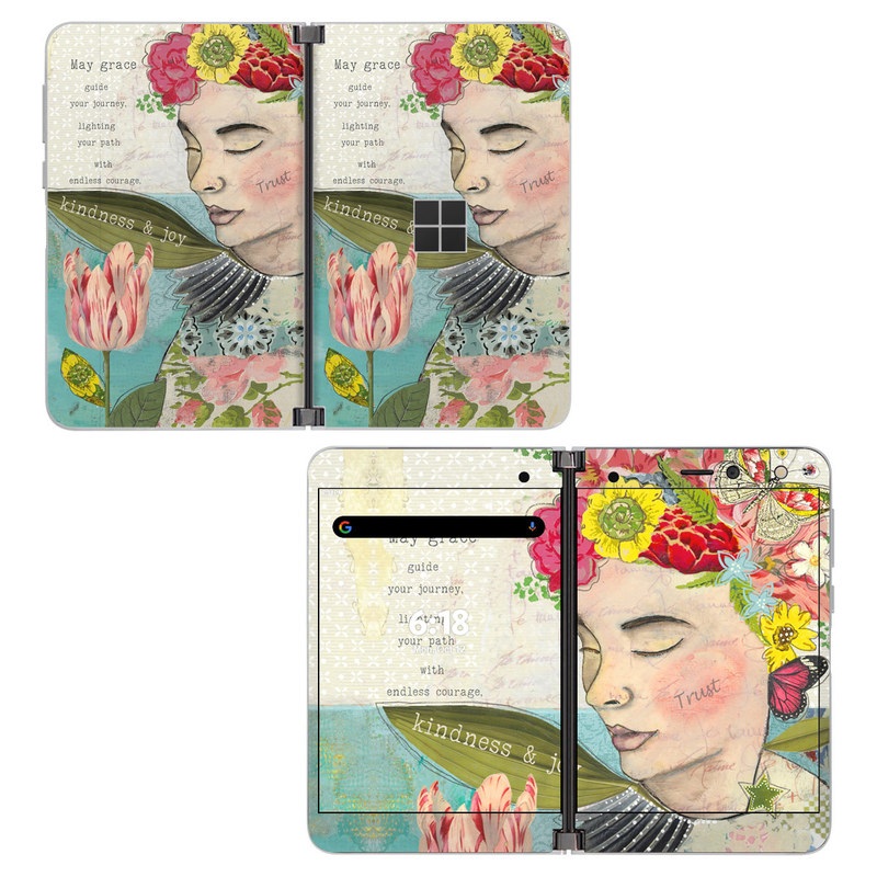 Microsoft Surface Duo Skin design of Flower, Plant, Botany, Petal, Textile, Creative arts, Pink, Art, Painting, Poster, with blue, green, yellow, red, pink, white colors