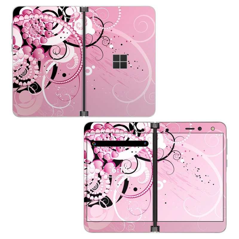 Microsoft Surface Duo Skin design of Pink, Floral design, Graphic design, Text, Design, Flower Arranging, Pattern, Illustration, Flower, Floristry, with pink, gray, black, white, purple, red colors