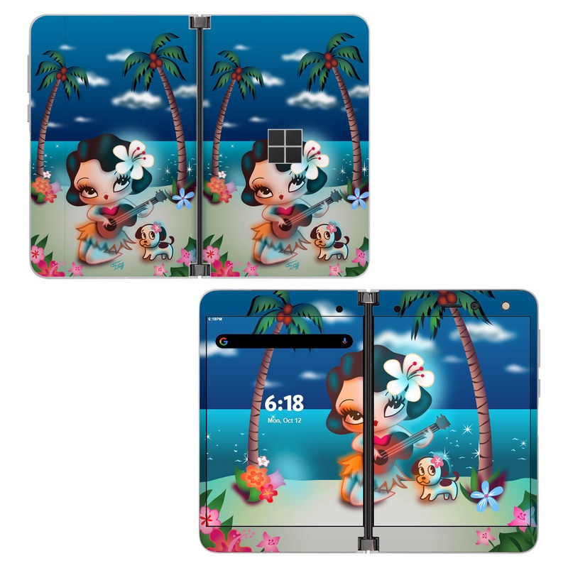 Microsoft Surface Duo Skin design of Cartoon, Animated cartoon, Illustration, Animation, Fictional character, Plant, Art, Clip art, with blue, white, brown, pink, green, yellow, red colors