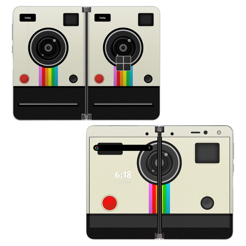 Microsoft Surface Duo Skin design of Cameras & optics, Camera, Technology, Circle, Electronic device, Electronics, Colorfulness, with gray, black, red colors