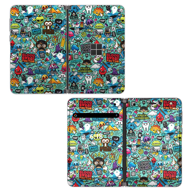 Microsoft Surface Duo Skin design of Cartoon, Art, Pattern, Design, Illustration, Visual arts, Doodle, Psychedelic art, with black, blue, gray, red, green colors