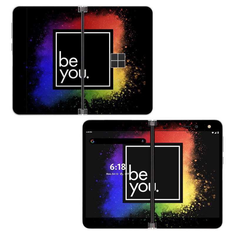 Microsoft Surface Duo Skin design of Text, Font, Sky, Graphic design, Line, Illustration, Logo, Graphics, Night, Space, with black, white, blue, purple, green, yellow, orange, red colors