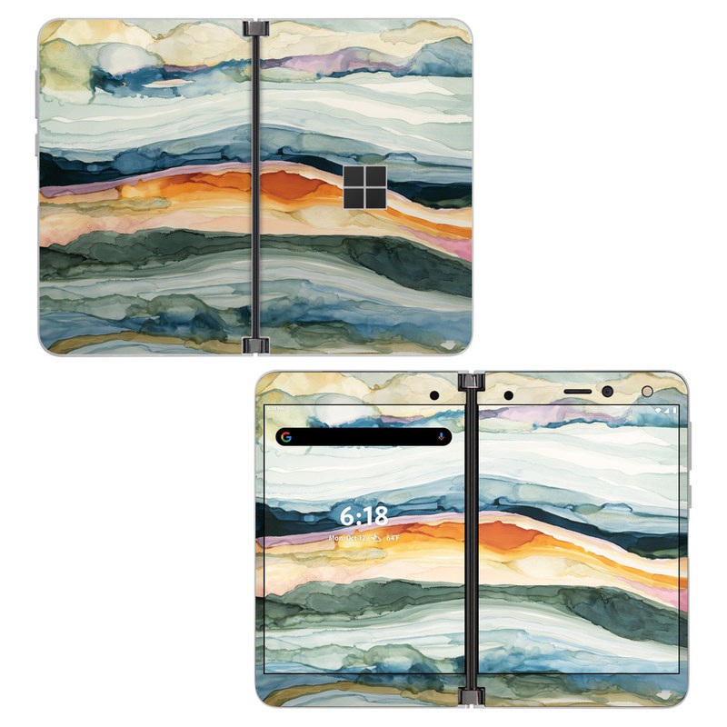 Microsoft Surface Duo Skin design of Watercolor paint, Painting, Sky, Wave, Geology, Landscape, Pattern, Acrylic paint, Cloud, Paint, with blue, purple, orange, yellow, red, green, brown colors