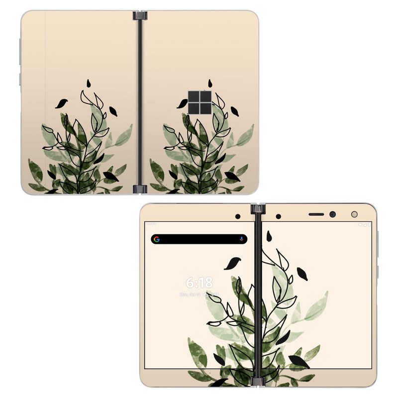 Microsoft Surface Duo Skin design of Leaf, Plant, Botany, Branch, Flower, Plant Stem, Pedicel, Twig, Illustration, with green, black, brown colors