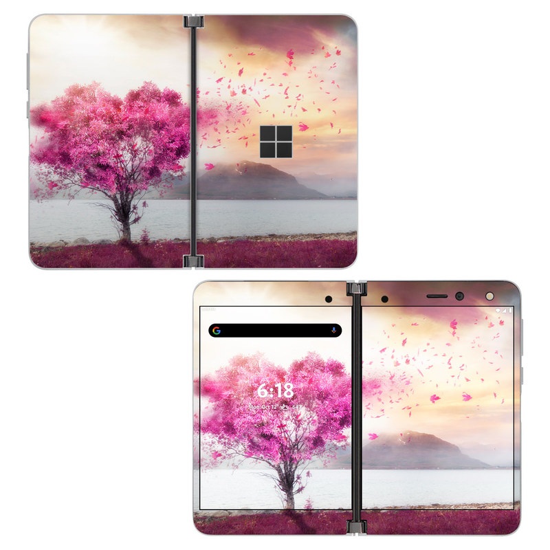 Microsoft Surface Duo Skin design of Sky, Nature, Natural landscape, Pink, Tree, Spring, Purple, Landscape, Cloud, Magenta, with pink, yellow, blue, black, gray colors