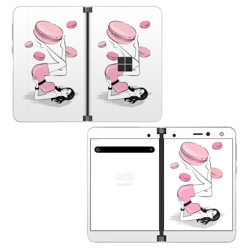 Microsoft Surface Duo Skin design of Gesture, Pink, Cartoon, Happy, Art, Red, Font, Elbow, Magenta, Thumb, with white, black, pink, gray colors