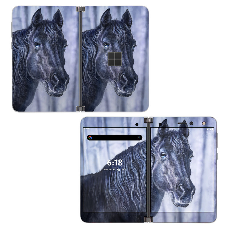 Microsoft Surface Duo Skin design of Horse, Mammal, Vertebrate, Hair, Mane, Stallion, Snout, Mare, Mustang horse, Livestock, with black, white, blue colors