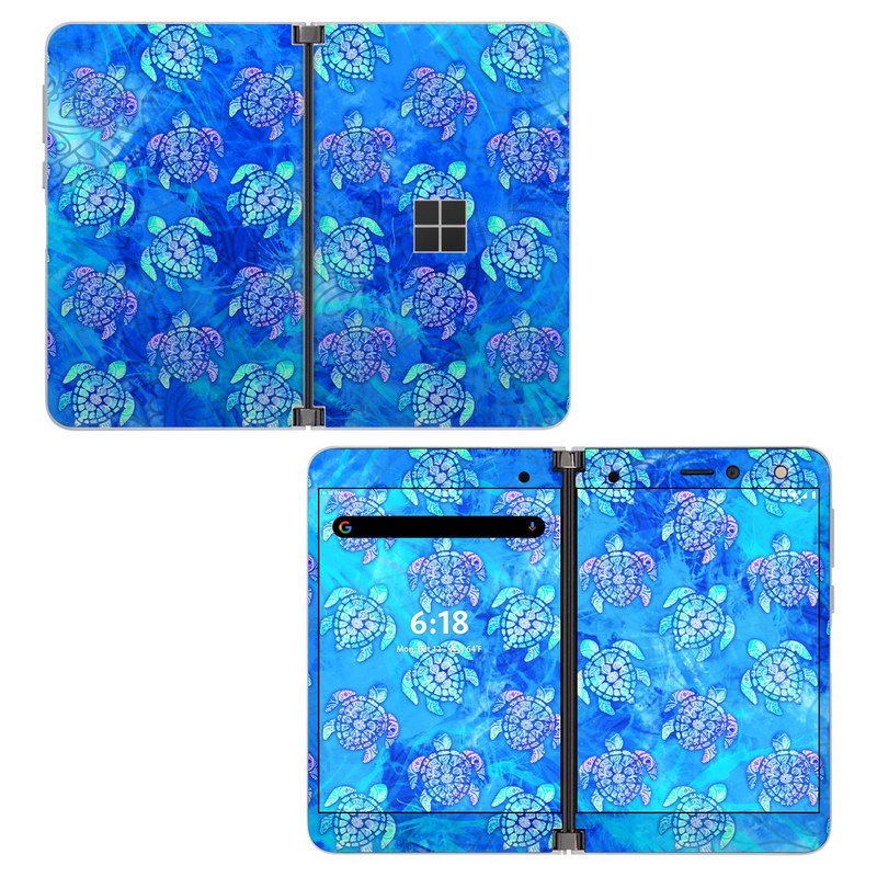 Microsoft Surface Duo Skin design of Blue, Pattern, Organism, Design, Sea turtle, Plant, Electric blue, Hydrangea, Flower, Symmetry, with blue, green, purple colors