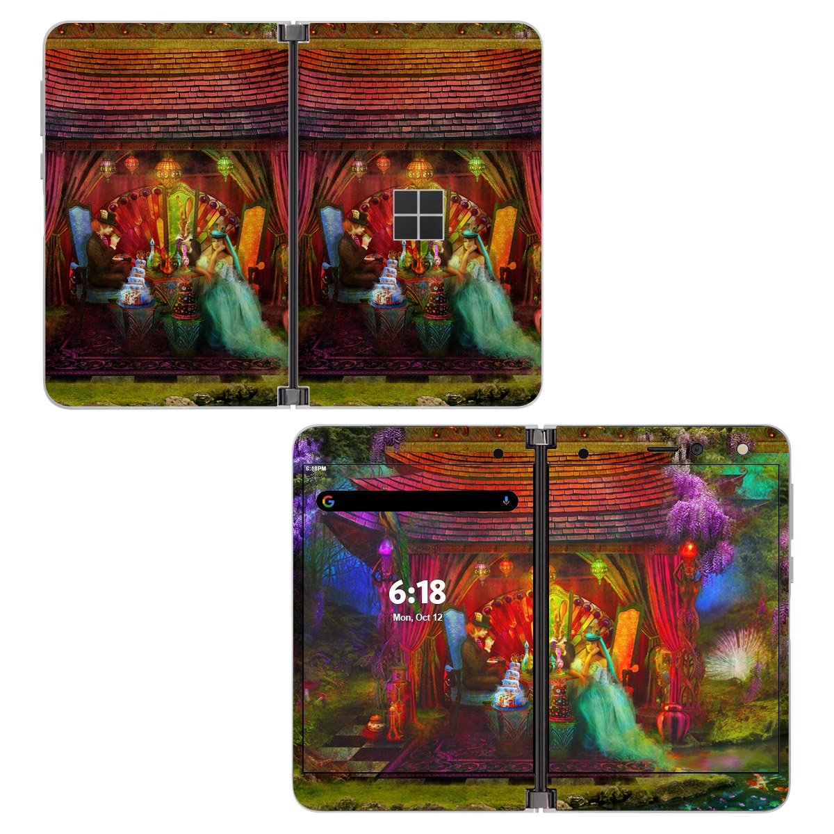 Microsoft Surface Duo Skin design of Hindu temple, Temple, Art, Painting, Place of worship, Stage, Fictional character, with black, red, green, blue, gray colors