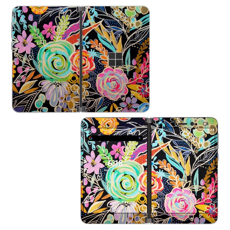 Microsoft Surface Duo Skin design of Pattern, Floral design, Design, Textile, Visual arts, Art, Graphic design, Psychedelic art, Plant, with black, gray, green, red, blue colors