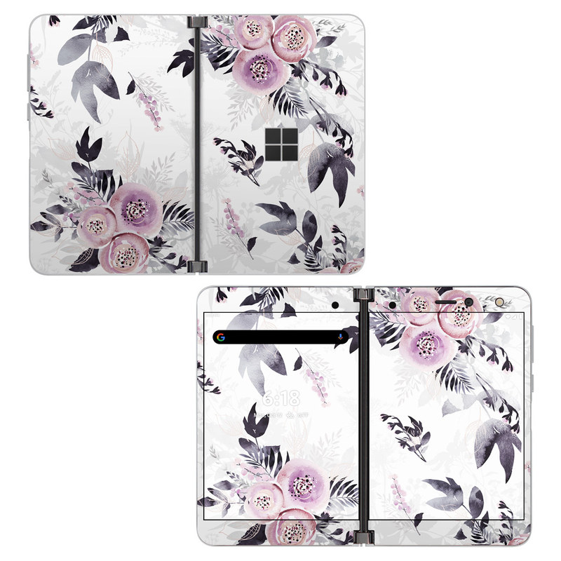 Microsoft Surface Duo Skin design of Pink, Pattern, Design, Floral design, Textile, Plant, Flower, Magenta, Petal, Wallpaper, with white, purple, pink, black, gray colors