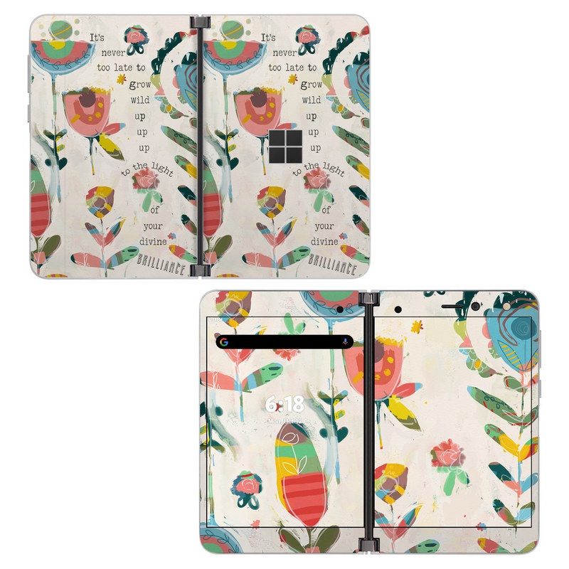 Microsoft Surface Duo Skin design of Textile, Organism, Font, Creative arts, Art, Pattern, Illustration, Terrestrial plant, Painting, Drawing, with purple, black, green, yellow, blue, red colors