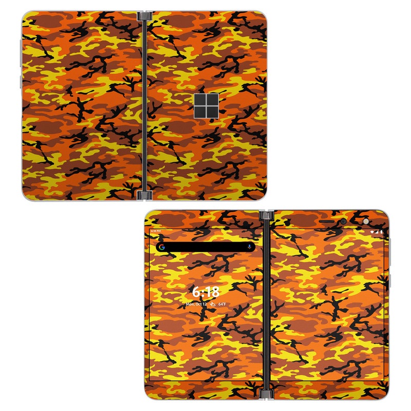 Microsoft Surface Duo Skin design of Military camouflage, Orange, Pattern, Camouflage, Yellow, Brown, Uniform, Design, Tree, Wildlife, with red, green, black colors