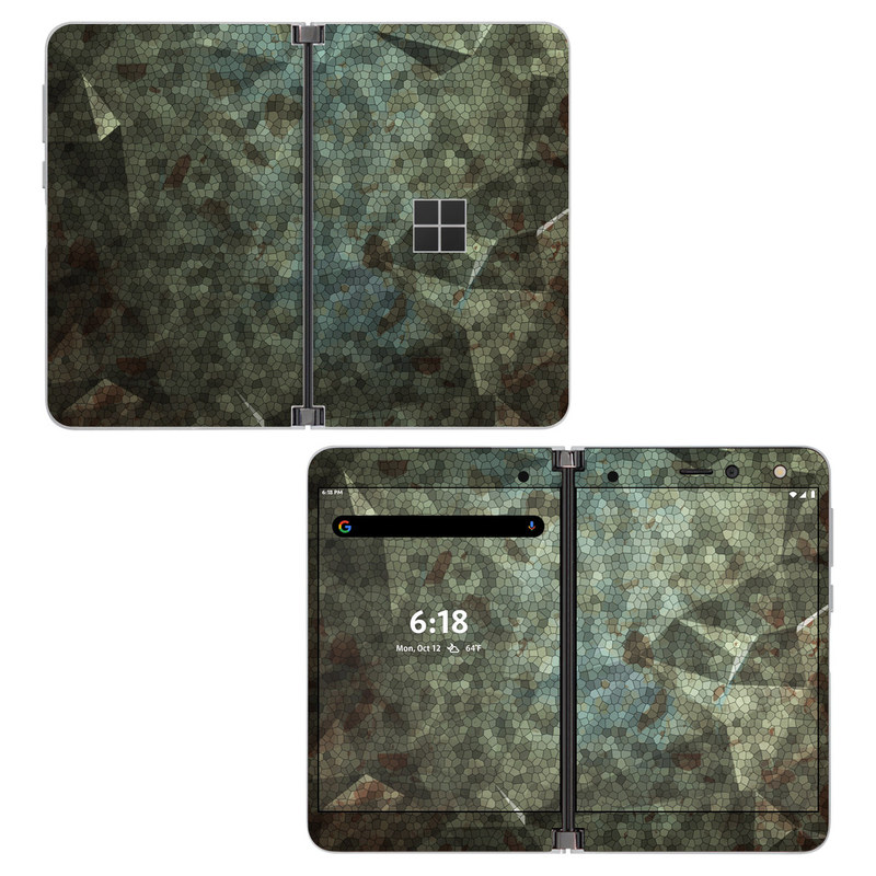 Microsoft Surface Duo Skin design of Green, Pattern, Brown, Wall, Design, Rock, Geology, Camouflage, Granite, Metal, with black, brown, blue, gray, white colors