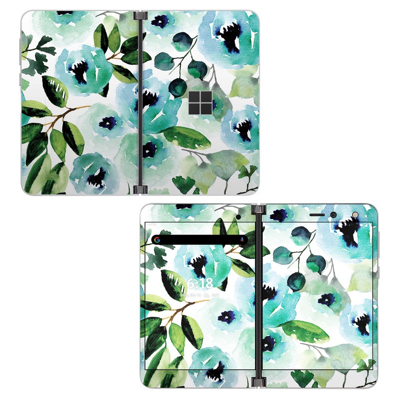 Microsoft Surface Duo Skin design of Green, Pattern, Leaf, Aqua, Plant, Design, Branch, Organism, Flower, Ivy, with white, green, blue, black colors