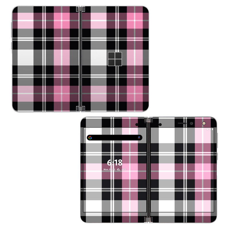 Microsoft Surface Duo Skin design of Plaid, Tartan, Pattern, Pink, Purple, Violet, Line, Textile, Magenta, Design, with black, gray, pink, red, white, purple colors