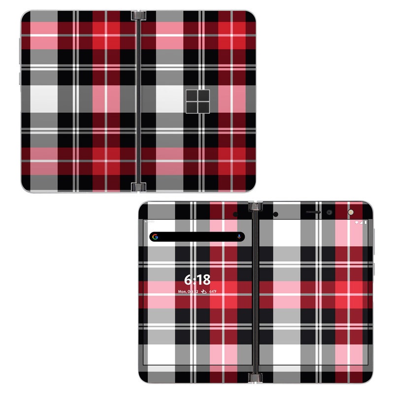 Microsoft Surface Duo Skin design of Plaid, Tartan, Pattern, Red, Textile, Design, Line, Pink, Magenta, Square, with black, gray, pink, red, white colors