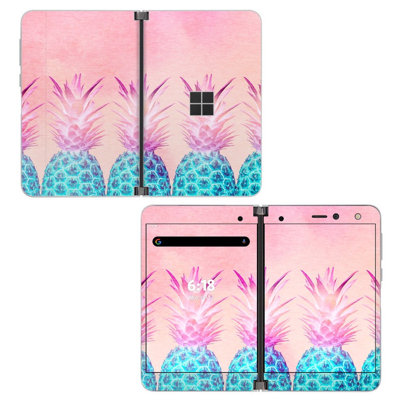 Microsoft Surface Duo Skin design of Pineapple, Ananas, Pink, Fruit, Plant, Bromeliaceae, Pattern, Poales, with pink, blue, orange colors