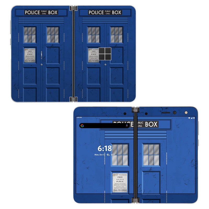 Microsoft Surface Duo Skin design of Telephone Booth, Blue, Cobalt Blue, Door, Facade, Architecture, Electric Blue, Font, Real Estate, Window, Building, with blue, black, gray, white colors
