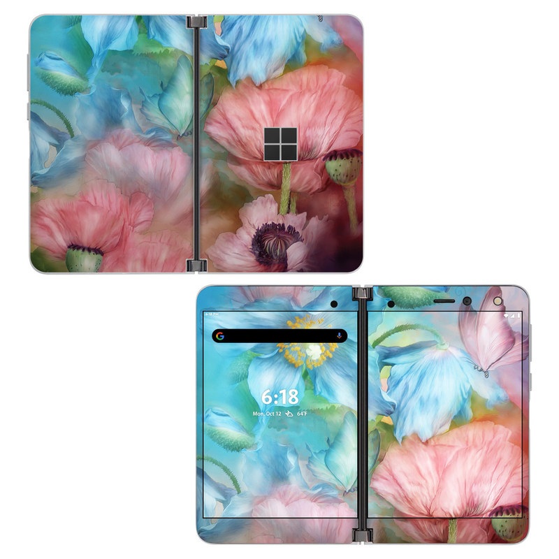Microsoft Surface Duo Skin design of Flower, Petal, Watercolor paint, Painting, Plant, Flowering plant, Pink, Botany, Wildflower, Still life, with gray, blue, black, red, green colors
