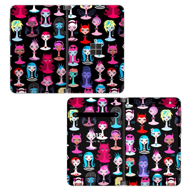 Microsoft Surface Duo Skin design of Facial expression, Product, Font, Pink, Red, Magenta, Material property, Pattern, Fictional character, Illustration, with black, pink, blue, brown, red, green, white, yellow colors