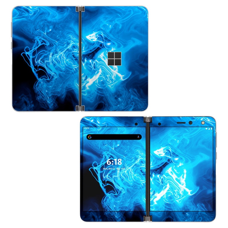 Microsoft Surface Duo Skin design of Blue, Water, Electric blue, Organism, Pattern, Smoke, Liquid, Art, with blue, black, purple colors