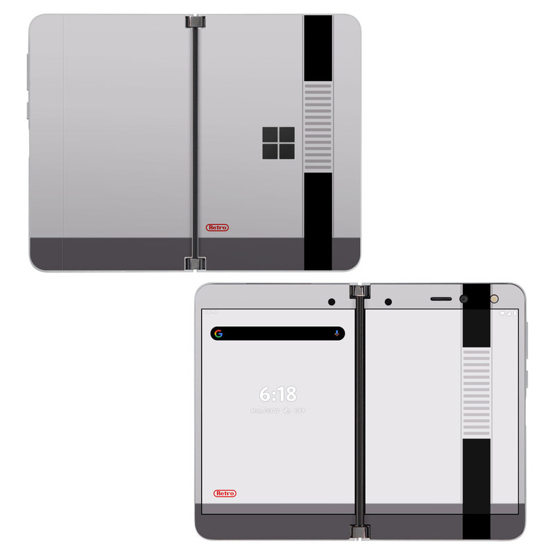 Microsoft Surface Duo Skin design of Text, Font, Red, Product, Logo, Brand, Material property, Graphics, Rectangle, with gray, black, red colors