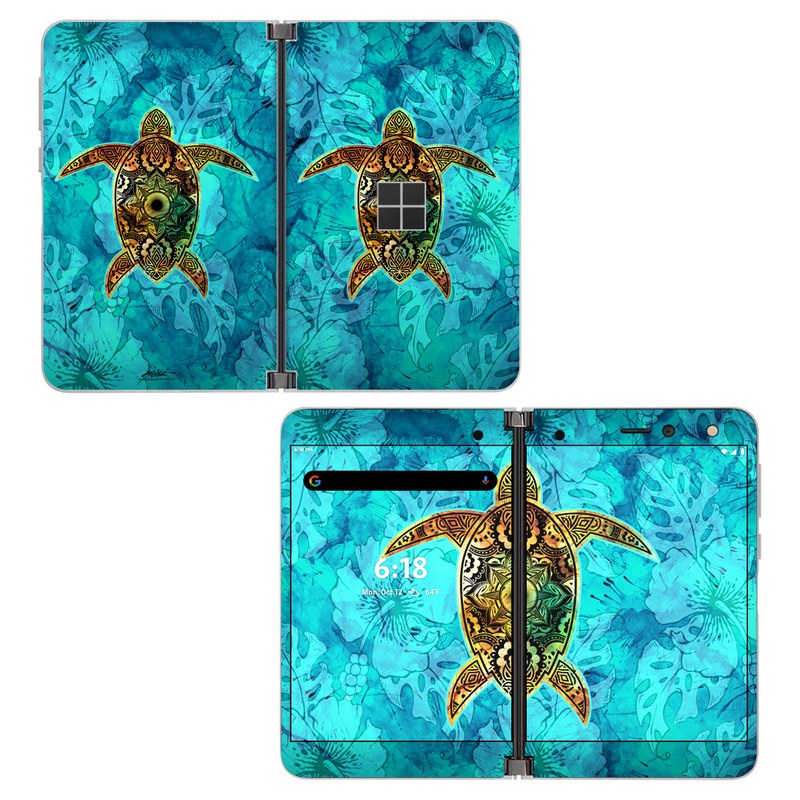 Microsoft Surface Duo Skin design of Sea turtle, Green sea turtle, Turtle, Hawksbill sea turtle, Tortoise, Reptile, Loggerhead sea turtle, Illustration, Art, Pattern, with blue, black, green, gray, red colors