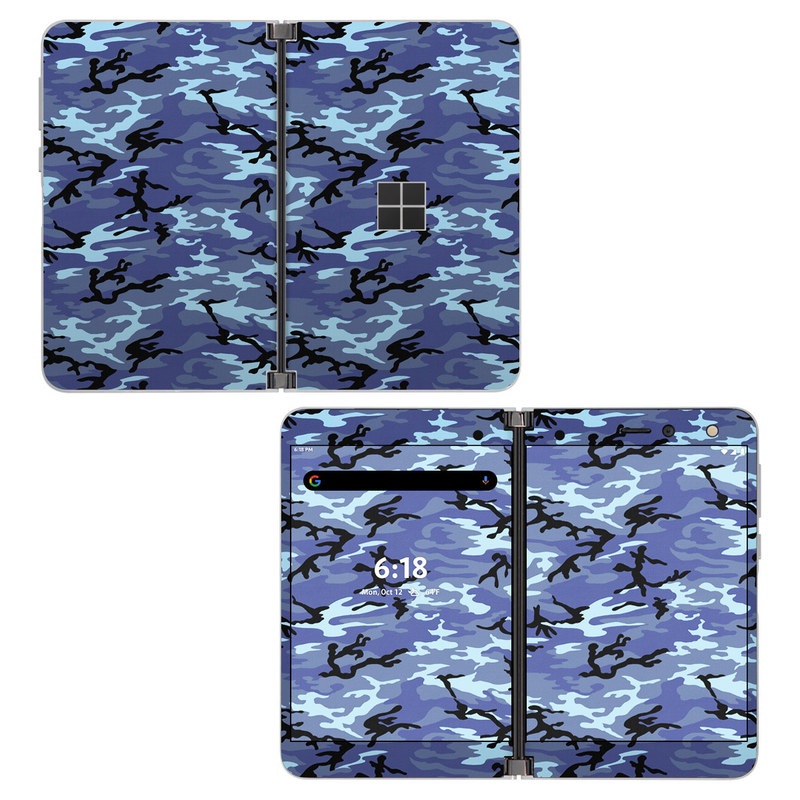 Microsoft Surface Duo Skin design of Military camouflage, Pattern, Blue, Aqua, Teal, Design, Camouflage, Textile, Uniform, with blue, black, gray, purple colors