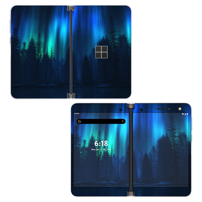 Microsoft Surface Duo Skin design of Blue, Light, Natural environment, Tree, Sky, Forest, Darkness, Aurora, Night, Electric blue, with black, blue colors