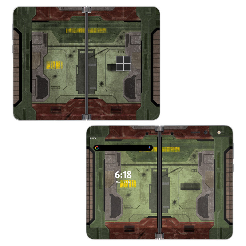 Microsoft Surface Duo Skin design of Rectangle, Screenshot, Font, Wood, Pattern, Symmetry, Machine, Gas, Parallel, Engineering, with red, green, yellow, black, gray, white colors