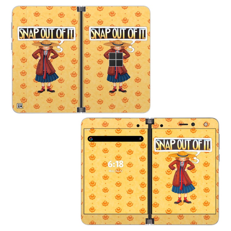 Microsoft Surface Duo Skin design of Cartoon, Illustration, Poster, Animated cartoon, Fiction, Anime, Art, Fictional character, Games, with pink, orange, black, red, gray, white colors