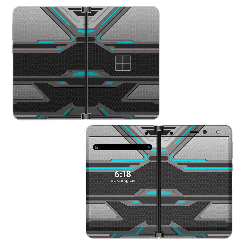 Microsoft Surface Duo Skin design of Blue, Turquoise, Pattern, Teal, Symmetry, Design, Line, Automotive design, Font with black, gray, blue colors