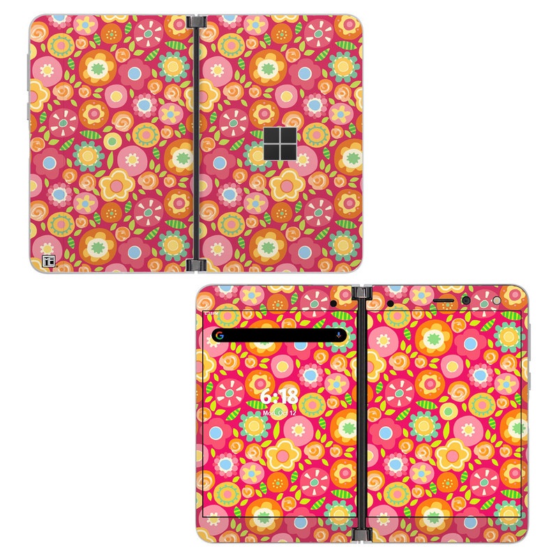 Microsoft Surface Duo Skin design of Orange, Pattern, Design, Circle, with red, pink, green, gray, orange, purple colors