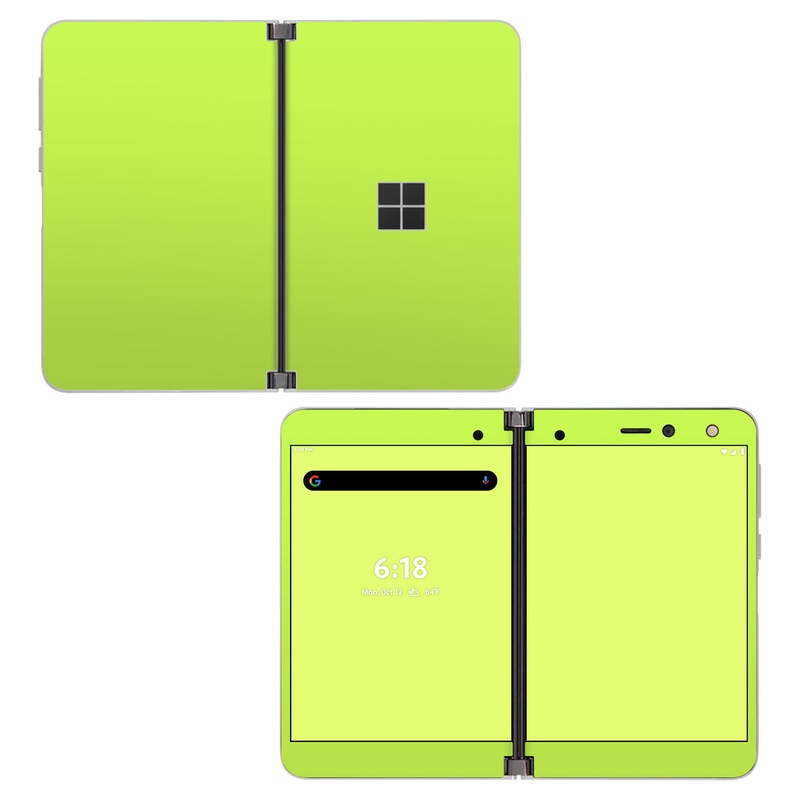 Microsoft Surface Duo Skin design of Green, Yellow, Text, Leaf, Font, Grass, with green colors