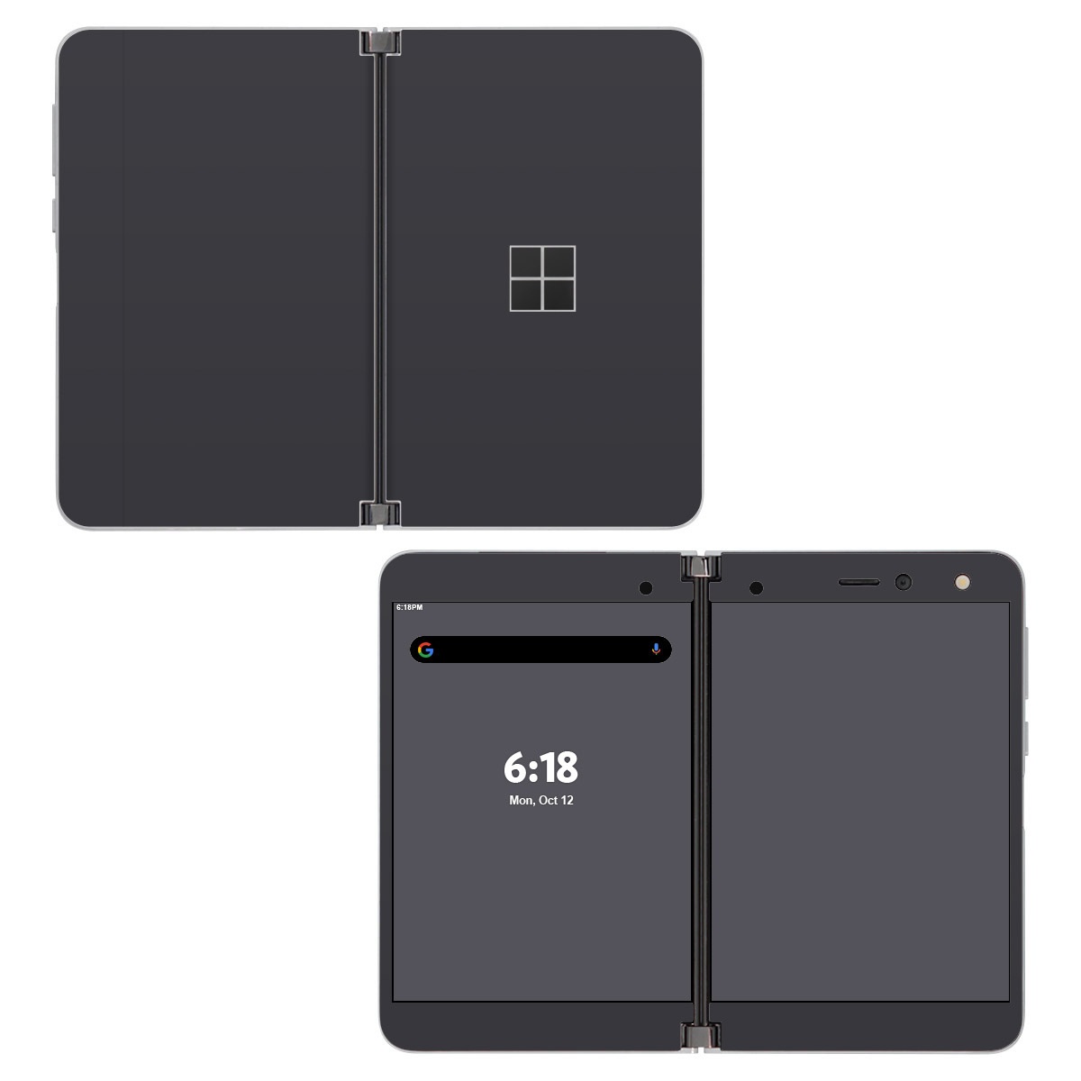 Microsoft Surface Duo Skin design of Electric blue, Pattern, Circle, Midnight, Darkness, Font, Wood, Magenta, Monochrome photography, with gray colors