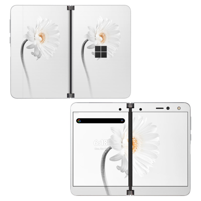 Microsoft Surface Duo Skin design of White, Hair accessory, Headpiece, Gerbera, Petal, Flower, Plant, Still life photography, Headband, Fashion accessory, with white, gray colors