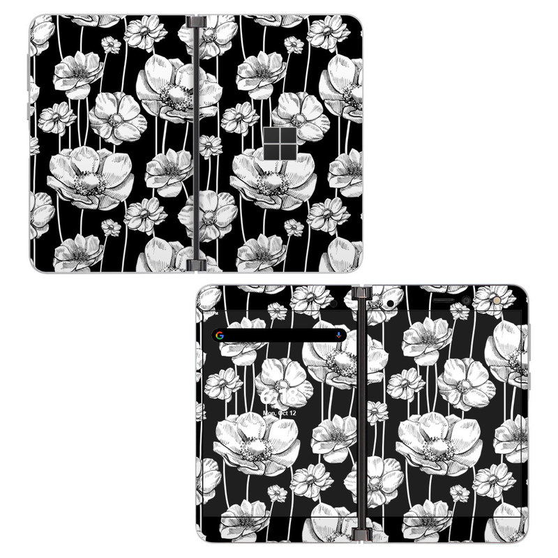 Microsoft Surface Duo Skin design of Flower, Black-and-white, Plant, Botany, Petal, Design, Wildflower, Monochrome photography, Pattern, Monochrome, with black, gray, white colors