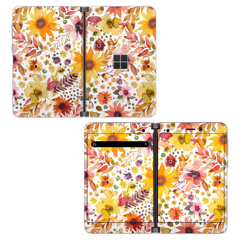 Microsoft Surface Duo Skin design of Flower, Plant, Petal, Botany, Textile, Orange, Line, Groundcover, Creative arts, Flowering plant, with white, yellow, pink, green, brown, orange colors