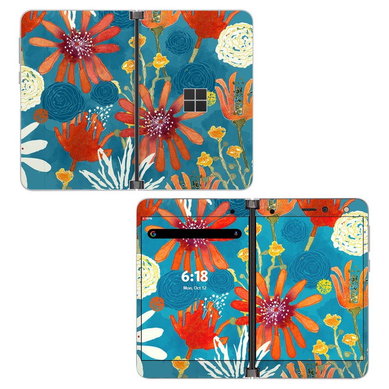 Microsoft Surface Duo Skin design of Pattern, Visual arts, Wrapping paper, Design, Wildflower, Floral design, Textile, Flower, Plant, Motif, with blue, red, gray, yellow, green colors