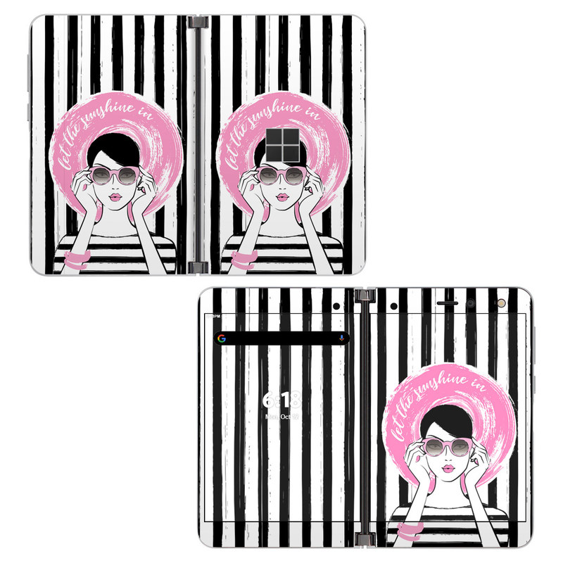 Microsoft Surface Duo Skin design of Organ, Vision care, Purple, Pink, Violet, Font, Eyewear, Magenta, Line, Art, with black, white, pink, gray colors