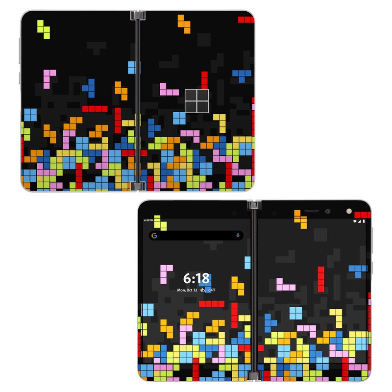 Microsoft Surface Duo Skin design of Pattern, Symmetry, Font, Design, Graphic design, Line, Colorfulness, Magenta, Square, Graphics, with black, green, blue, orange, red colors