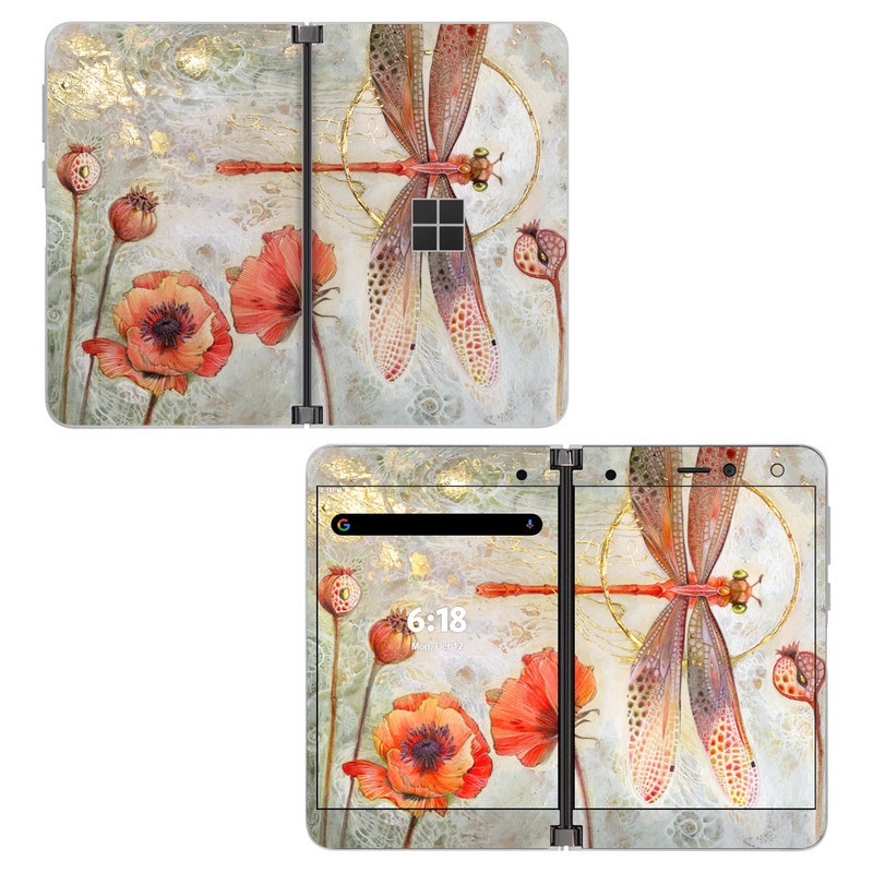 Microsoft Surface Duo Skin design of Watercolor paint, Botany, Flower, Illustration, Floral design, Painting, Plant, Coquelicot, Art, Still life photography, with red, yellow, gray colors