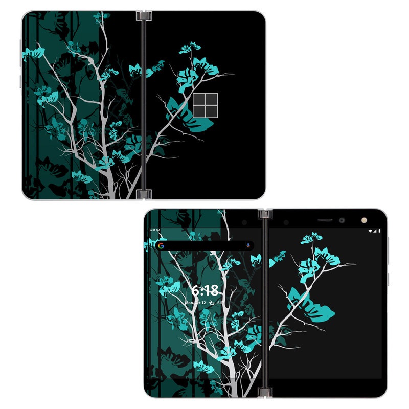 Microsoft Surface Duo Skin design of Branch, Black, Blue, Green, Turquoise, Teal, Tree, Plant, Graphic design, Twig, with black, blue, gray colors