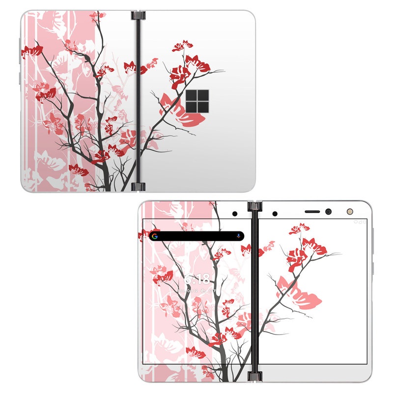 Microsoft Surface Duo Skin design of Branch, Red, Flower, Plant, Tree, Twig, Blossom, Botany, Pink, Spring, with white, pink, gray, red, black colors